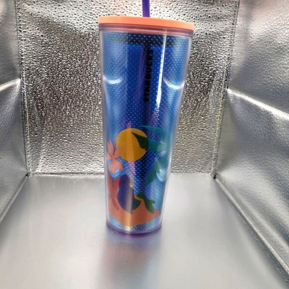 NWT! Starbucks Pink Blue Beach Palm Tree Acrylic Cold Cup Tumbler Venti 24oz - Picture 1 of 5